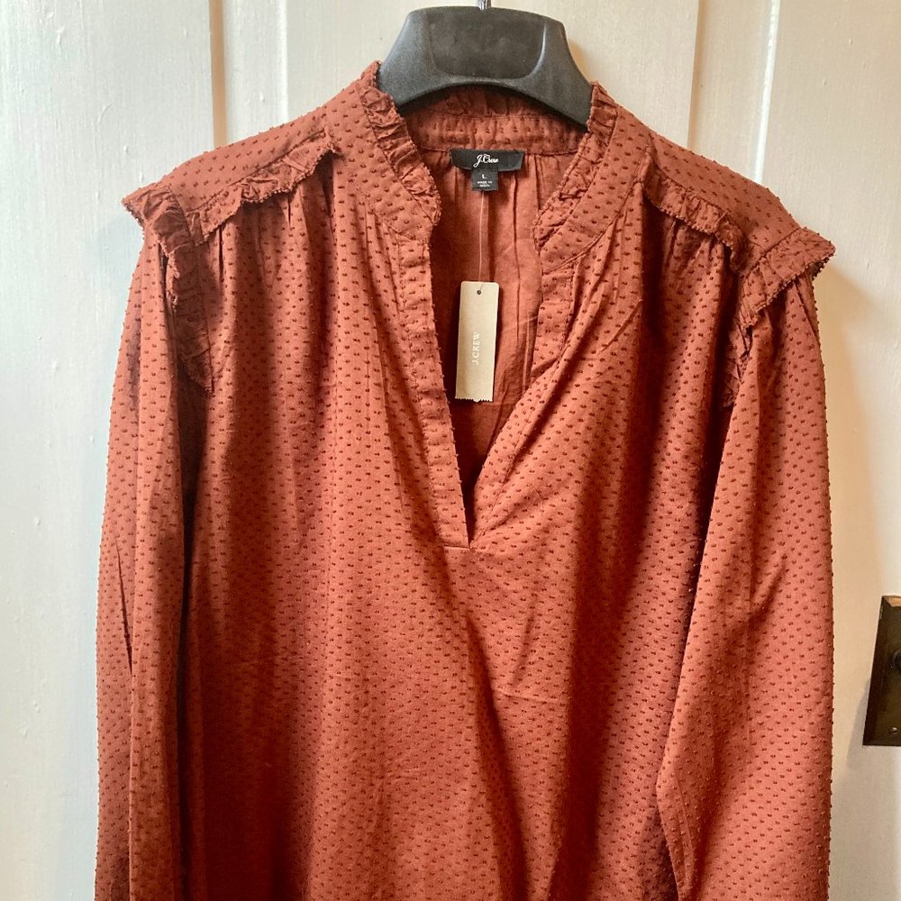 J. Crew Ruffle-trim V-neck popover in clip dot, size L